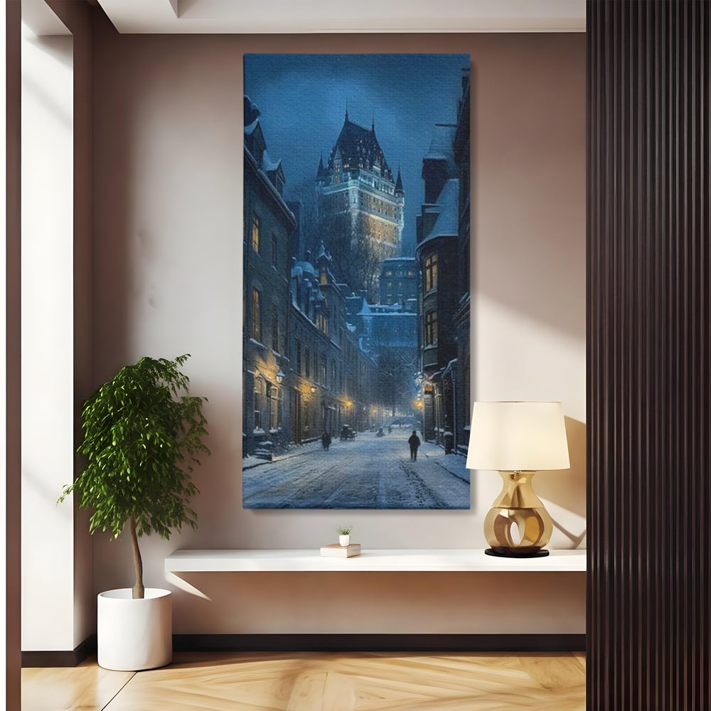 Tablou Canvas Premium, LuxCanva® O1017, Strazi sub Ninsoare, Magie, Iarna, Oras, Noapte, Frig, Zapada, Palat, Plimbare, Nordic, Romantism, Felinare, Quebec, Poveste, Birou, Living, Dormitor