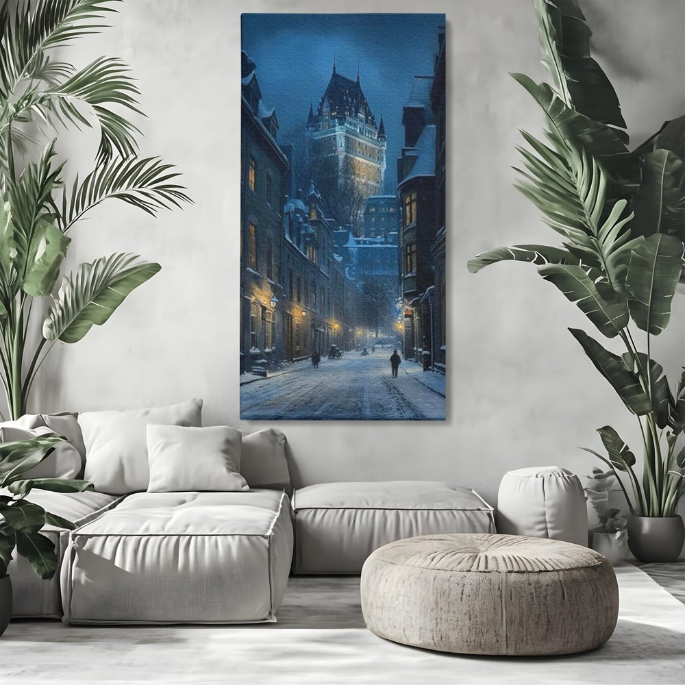 Tablou Canvas Premium, LuxCanva® O1017, Strazi sub Ninsoare, Magie, Iarna, Oras, Noapte, Frig, Zapada, Palat, Plimbare, Nordic, Romantism, Felinare, Quebec, Poveste, Birou, Living, Dormitor