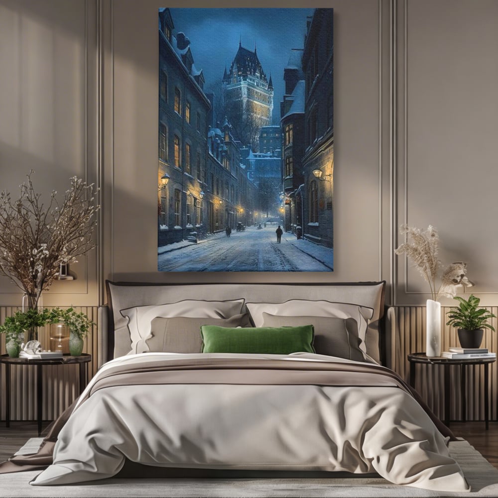 Tablou Canvas Premium, LuxCanva® O1017, Strazi sub Ninsoare, Magie, Iarna, Oras, Noapte, Frig, Zapada, Palat, Plimbare, Nordic, Romantism, Felinare, Quebec, Poveste, Birou, Living, Dormitor
