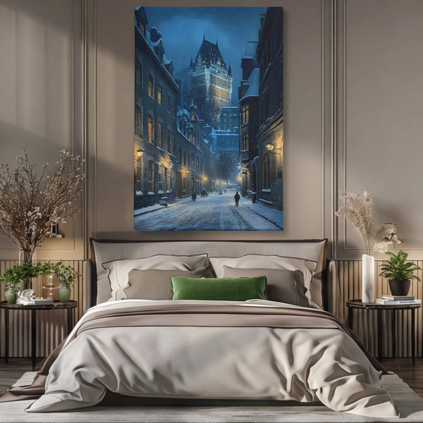 Tablou Canvas Premium, LuxCanva® O1017, Strazi sub Ninsoare, Magie, Iarna, Oras, Noapte, Frig, Zapada, Palat, Plimbare, Nordic, Romantism, Felinare, Quebec, Poveste, Birou, Living, Dormitor