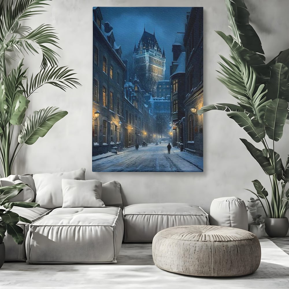 Tablou Canvas Premium, LuxCanva® O1017, Strazi sub Ninsoare, Magie, Iarna, Oras, Noapte, Frig, Zapada, Palat, Plimbare, Nordic, Romantism, Felinare, Quebec, Poveste, Birou, Living, Dormitor