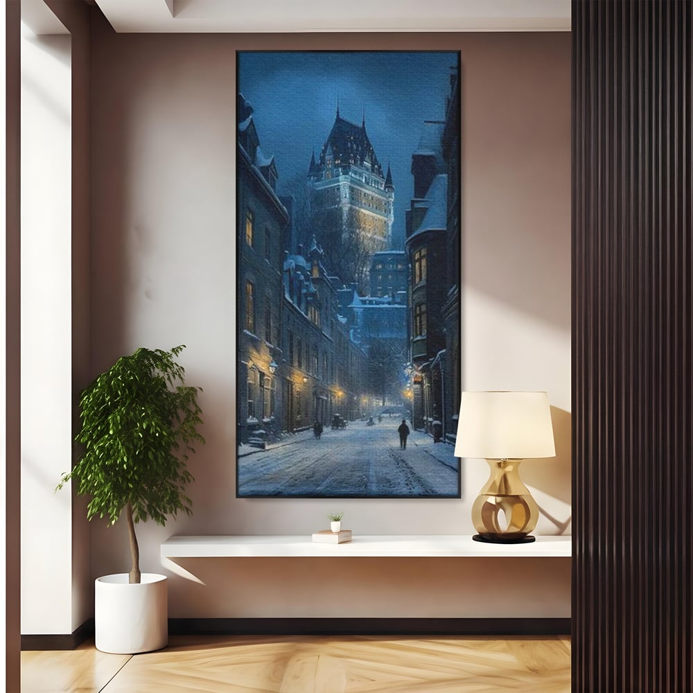 Tablou Canvas Premium, LuxCanva® O1017, Strazi sub Ninsoare, Magie, Iarna, Oras, Noapte, Frig, Zapada, Palat, Plimbare, Nordic, Romantism, Felinare, Quebec, Poveste, Birou, Living, Dormitor