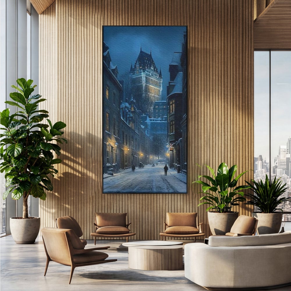 Tablou Canvas Premium, LuxCanva® O1017, Strazi sub Ninsoare, Magie, Iarna, Oras, Noapte, Frig, Zapada, Palat, Plimbare, Nordic, Romantism, Felinare, Quebec, Poveste, Birou, Living, Dormitor