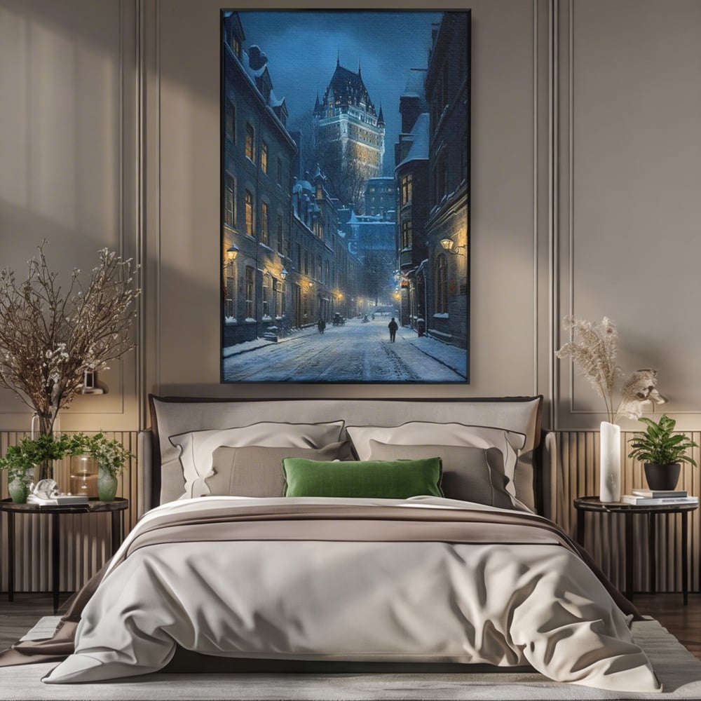 Tablou Canvas Premium, LuxCanva® O1017, Strazi sub Ninsoare, Magie, Iarna, Oras, Noapte, Frig, Zapada, Palat, Plimbare, Nordic, Romantism, Felinare, Quebec, Poveste, Birou, Living, Dormitor