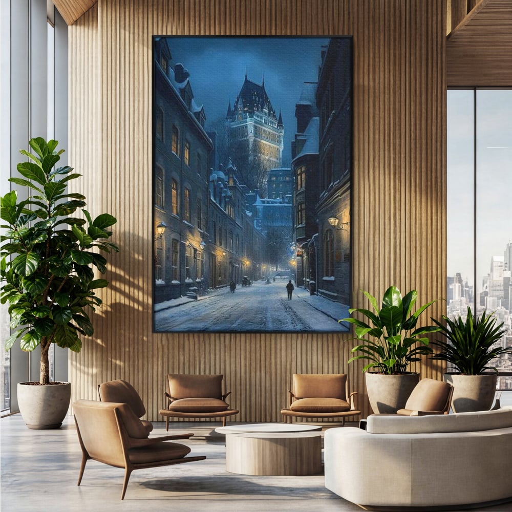 Tablou Canvas Premium, LuxCanva® O1017, Strazi sub Ninsoare, Magie, Iarna, Oras, Noapte, Frig, Zapada, Palat, Plimbare, Nordic, Romantism, Felinare, Quebec, Poveste, Birou, Living, Dormitor