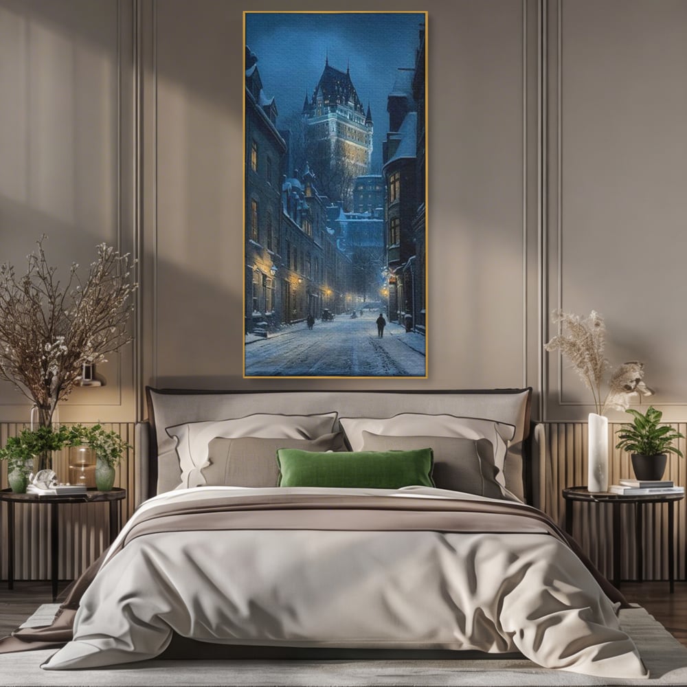 Tablou Canvas Premium, LuxCanva® O1017, Strazi sub Ninsoare, Magie, Iarna, Oras, Noapte, Frig, Zapada, Palat, Plimbare, Nordic, Romantism, Felinare, Quebec, Poveste, Birou, Living, Dormitor