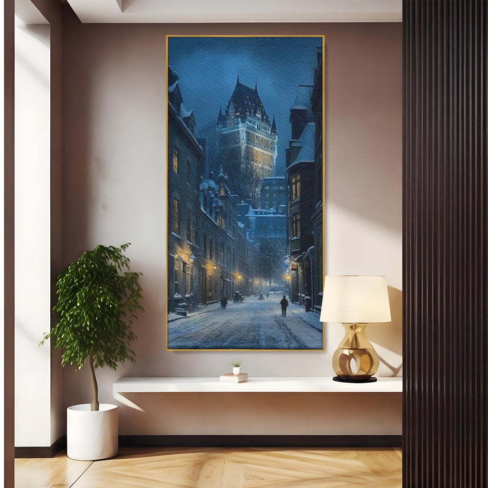 Tablou Canvas Premium, LuxCanva® O1017, Strazi sub Ninsoare, Magie, Iarna, Oras, Noapte, Frig, Zapada, Palat, Plimbare, Nordic, Romantism, Felinare, Quebec, Poveste, Birou, Living, Dormitor