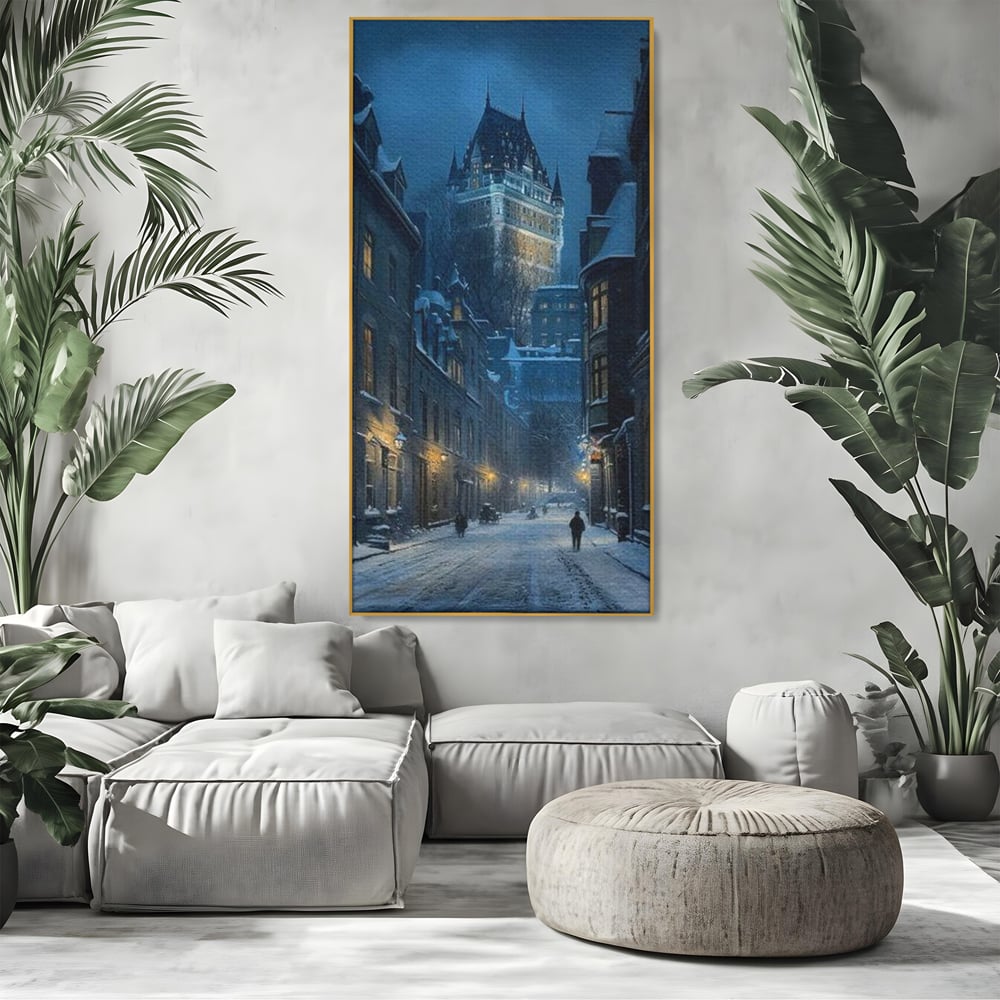 Tablou Canvas Premium, LuxCanva® O1017, Strazi sub Ninsoare, Magie, Iarna, Oras, Noapte, Frig, Zapada, Palat, Plimbare, Nordic, Romantism, Felinare, Quebec, Poveste, Birou, Living, Dormitor