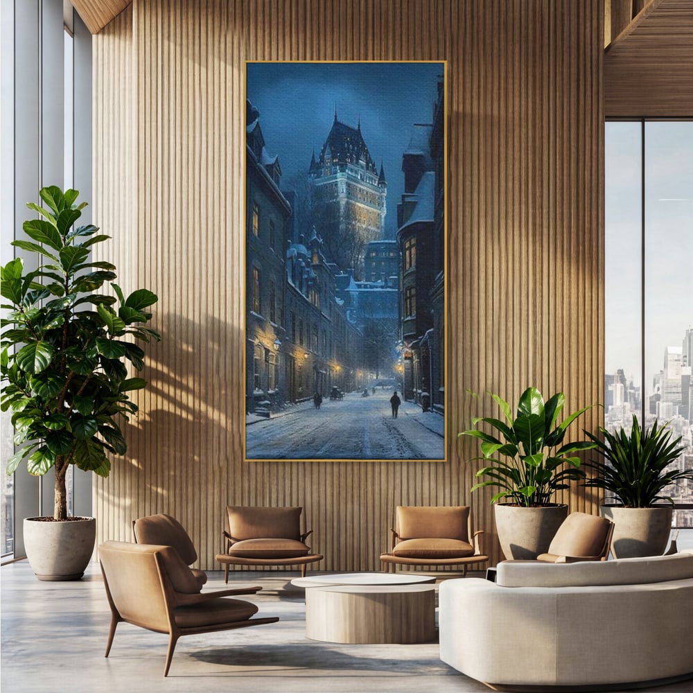 Tablou Canvas Premium, LuxCanva® O1017, Strazi sub Ninsoare, Magie, Iarna, Oras, Noapte, Frig, Zapada, Palat, Plimbare, Nordic, Romantism, Felinare, Quebec, Poveste, Birou, Living, Dormitor