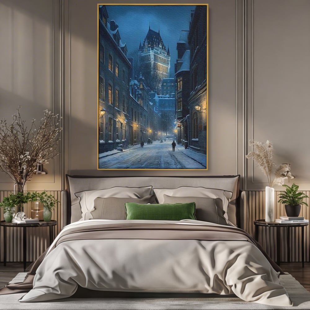 Tablou Canvas Premium, LuxCanva® O1017, Strazi sub Ninsoare, Magie, Iarna, Oras, Noapte, Frig, Zapada, Palat, Plimbare, Nordic, Romantism, Felinare, Quebec, Poveste, Birou, Living, Dormitor