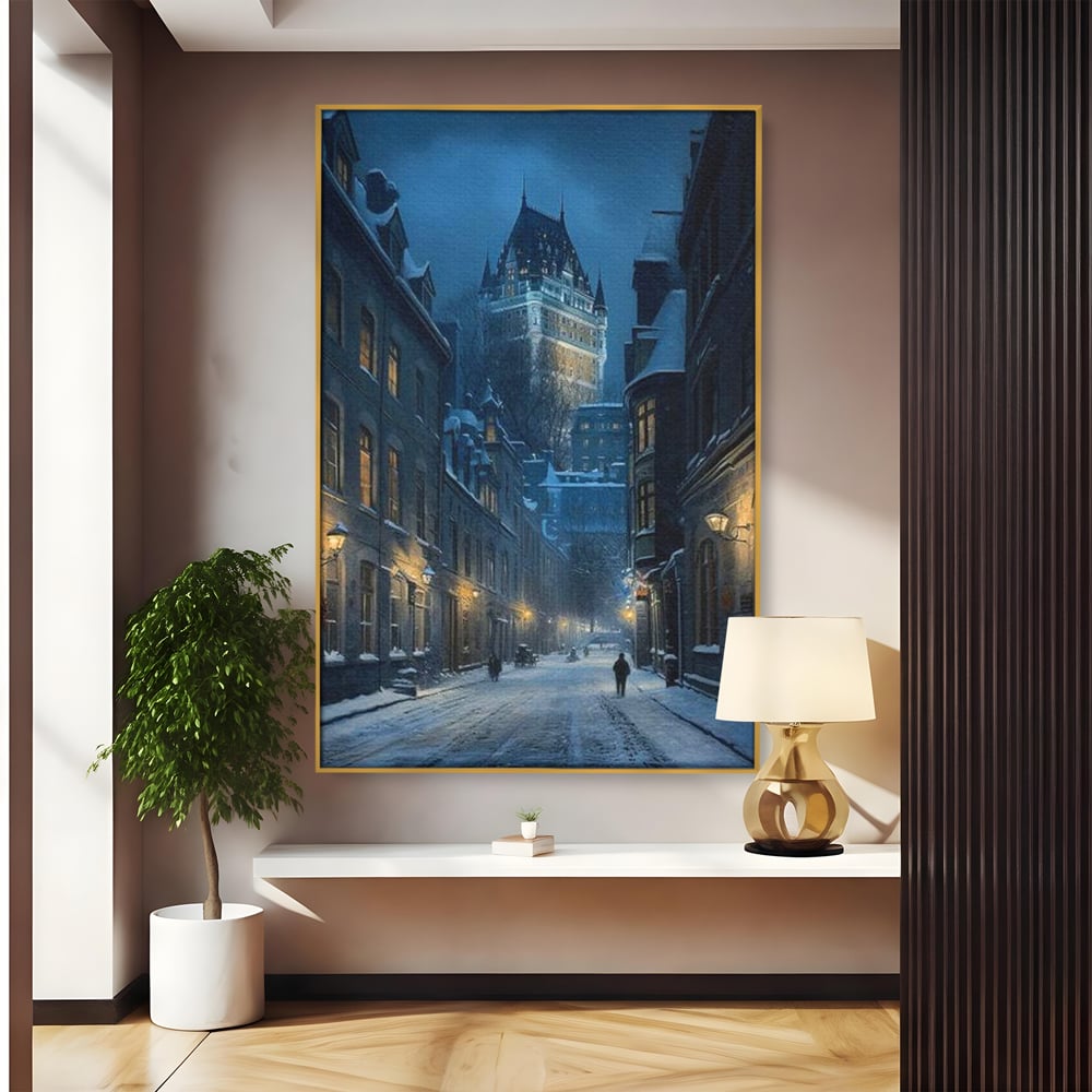 Tablou Canvas Premium, LuxCanva® O1017, Strazi sub Ninsoare, Magie, Iarna, Oras, Noapte, Frig, Zapada, Palat, Plimbare, Nordic, Romantism, Felinare, Quebec, Poveste, Birou, Living, Dormitor