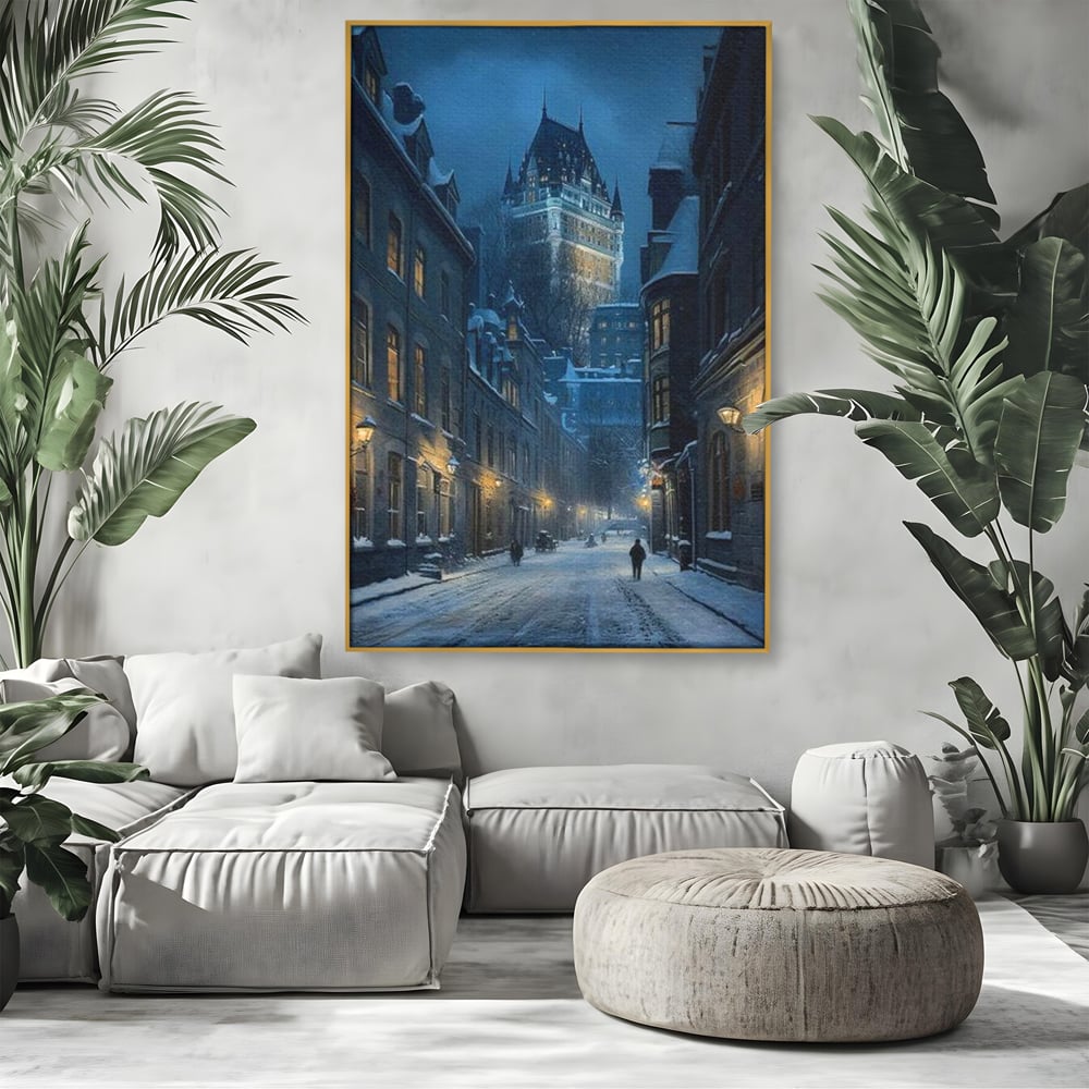 Tablou Canvas Premium, LuxCanva® O1017, Strazi sub Ninsoare, Magie, Iarna, Oras, Noapte, Frig, Zapada, Palat, Plimbare, Nordic, Romantism, Felinare, Quebec, Poveste, Birou, Living, Dormitor