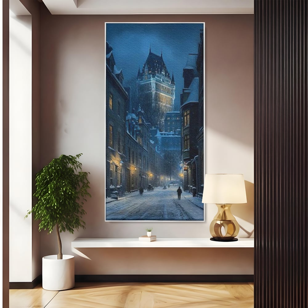 Tablou Canvas Premium, LuxCanva® O1017, Strazi sub Ninsoare, Magie, Iarna, Oras, Noapte, Frig, Zapada, Palat, Plimbare, Nordic, Romantism, Felinare, Quebec, Poveste, Birou, Living, Dormitor