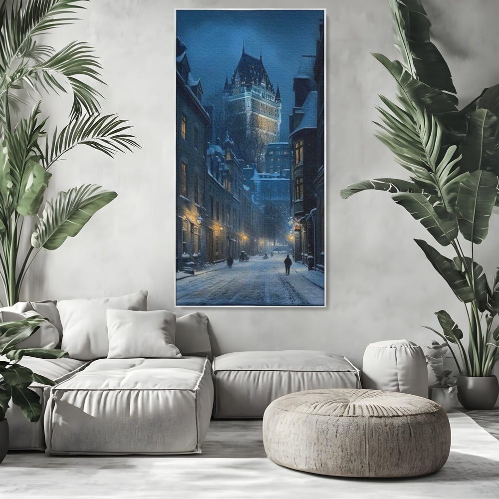 Tablou Canvas Premium, LuxCanva® O1017, Strazi sub Ninsoare, Magie, Iarna, Oras, Noapte, Frig, Zapada, Palat, Plimbare, Nordic, Romantism, Felinare, Quebec, Poveste, Birou, Living, Dormitor
