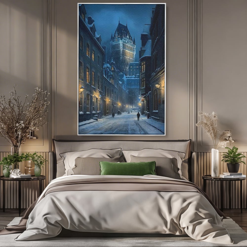 Tablou Canvas Premium, LuxCanva® O1017, Strazi sub Ninsoare, Magie, Iarna, Oras, Noapte, Frig, Zapada, Palat, Plimbare, Nordic, Romantism, Felinare, Quebec, Poveste, Birou, Living, Dormitor