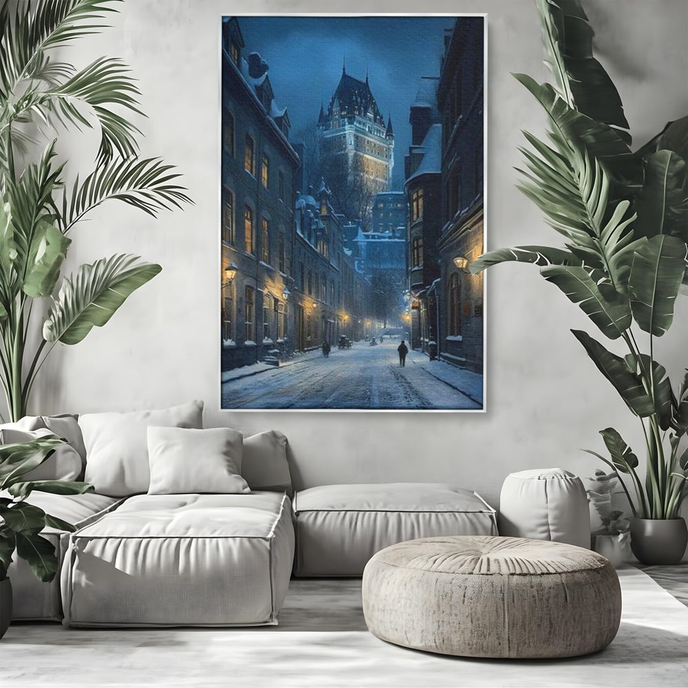 Tablou Canvas Premium, LuxCanva® O1017, Strazi sub Ninsoare, Magie, Iarna, Oras, Noapte, Frig, Zapada, Palat, Plimbare, Nordic, Romantism, Felinare, Quebec, Poveste, Birou, Living, Dormitor