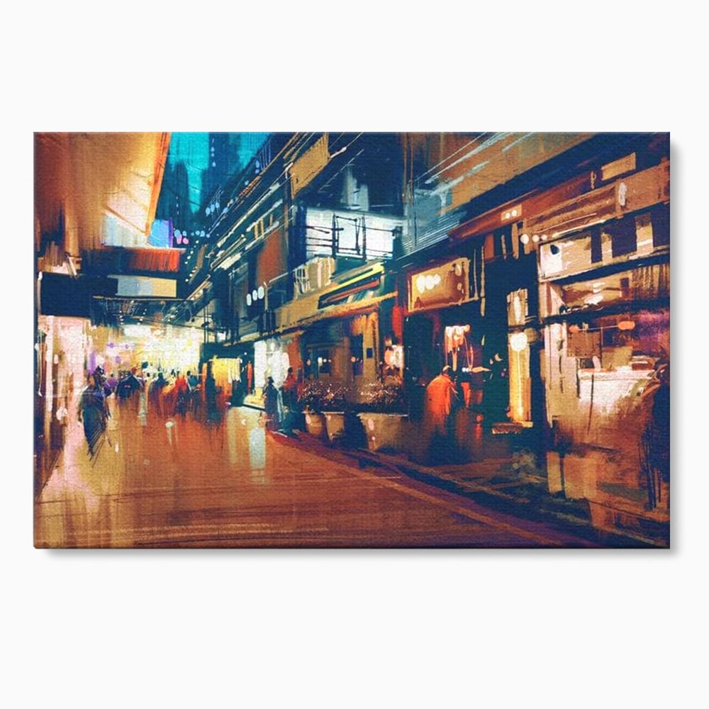 Leinwandbilder Premium, LuxCanva® O1020, Alleyways of Life, Lebendig, Dynamisch, Warm, Animiert, Zeitgenössisch, Elektrisch, Malerisch, Nächtlich, Sonnenuntergang, Stadt, Boulevard, Nachbarschaft, Dämmerung, Büro, Wohnen, Schlafzimmer