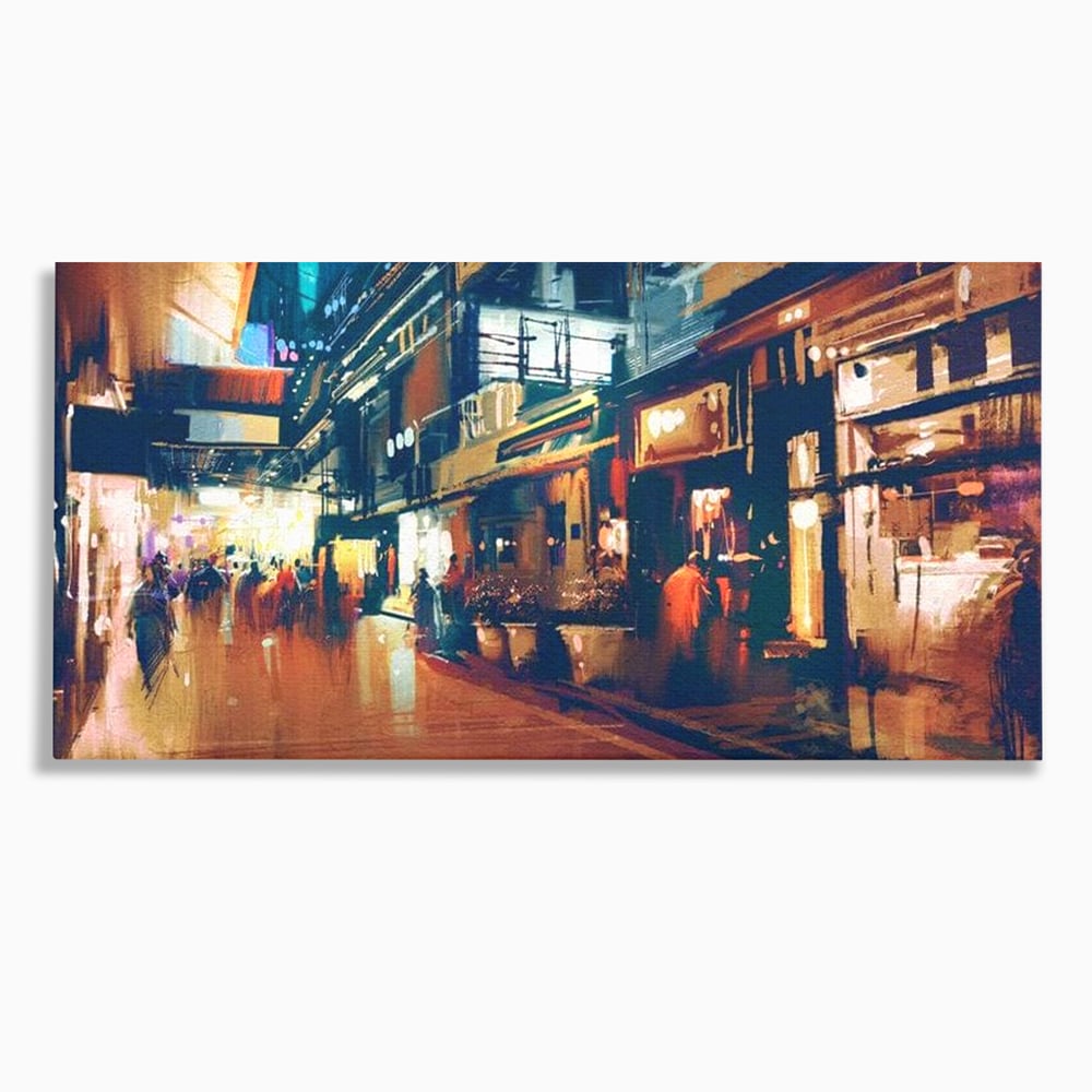 Leinwandbilder Premium, LuxCanva® O1020, Alleyways of Life, Lebendig, Dynamisch, Warm, Animiert, Zeitgenössisch, Elektrisch, Malerisch, Nächtlich, Sonnenuntergang, Stadt, Boulevard, Nachbarschaft, Dämmerung, Büro, Wohnen, Schlafzimmer