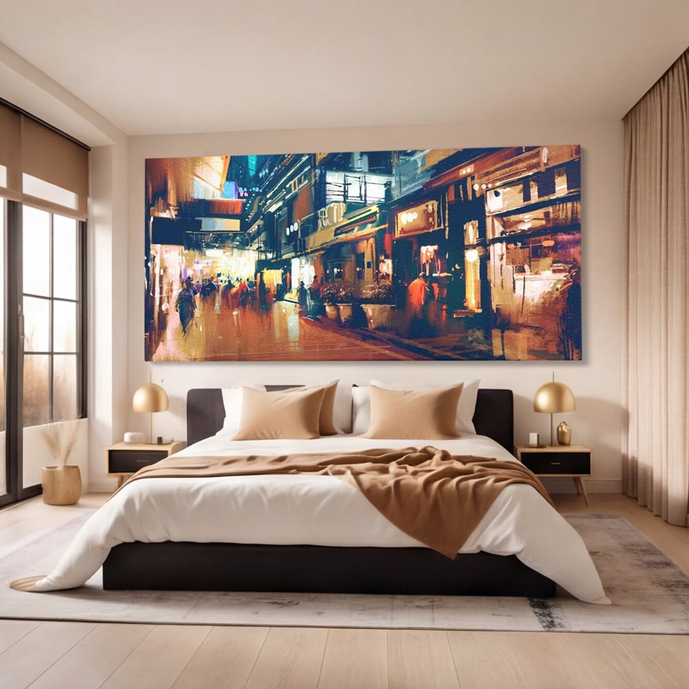 Leinwandbilder Premium, LuxCanva® O1020, Alleyways of Life, Lebendig, Dynamisch, Warm, Animiert, Zeitgenössisch, Elektrisch, Malerisch, Nächtlich, Sonnenuntergang, Stadt, Boulevard, Nachbarschaft, Dämmerung, Büro, Wohnen, Schlafzimmer