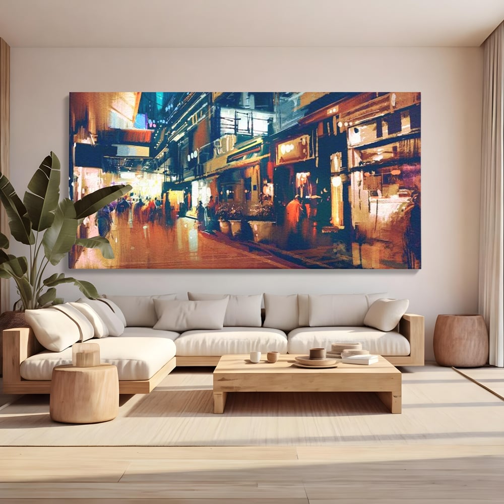 Leinwandbilder Premium, LuxCanva® O1020, Alleyways of Life, Lebendig, Dynamisch, Warm, Animiert, Zeitgenössisch, Elektrisch, Malerisch, Nächtlich, Sonnenuntergang, Stadt, Boulevard, Nachbarschaft, Dämmerung, Büro, Wohnen, Schlafzimmer