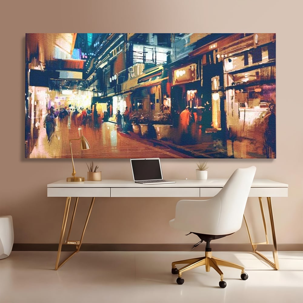 Leinwandbilder Premium, LuxCanva® O1020, Alleyways of Life, Lebendig, Dynamisch, Warm, Animiert, Zeitgenössisch, Elektrisch, Malerisch, Nächtlich, Sonnenuntergang, Stadt, Boulevard, Nachbarschaft, Dämmerung, Büro, Wohnen, Schlafzimmer