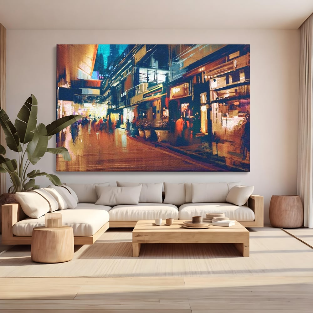 Leinwandbilder Premium, LuxCanva® O1020, Alleyways of Life, Lebendig, Dynamisch, Warm, Animiert, Zeitgenössisch, Elektrisch, Malerisch, Nächtlich, Sonnenuntergang, Stadt, Boulevard, Nachbarschaft, Dämmerung, Büro, Wohnen, Schlafzimmer