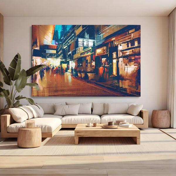 Leinwandbilder Premium, LuxCanva® O1020, Alleyways of Life, Lebendig, Dynamisch, Warm, Animiert, Zeitgenössisch, Elektrisch, Malerisch, Nächtlich, Sonnenuntergang, Stadt, Boulevard, Nachbarschaft, Dämmerung, Büro, Wohnen, Schlafzimmer
