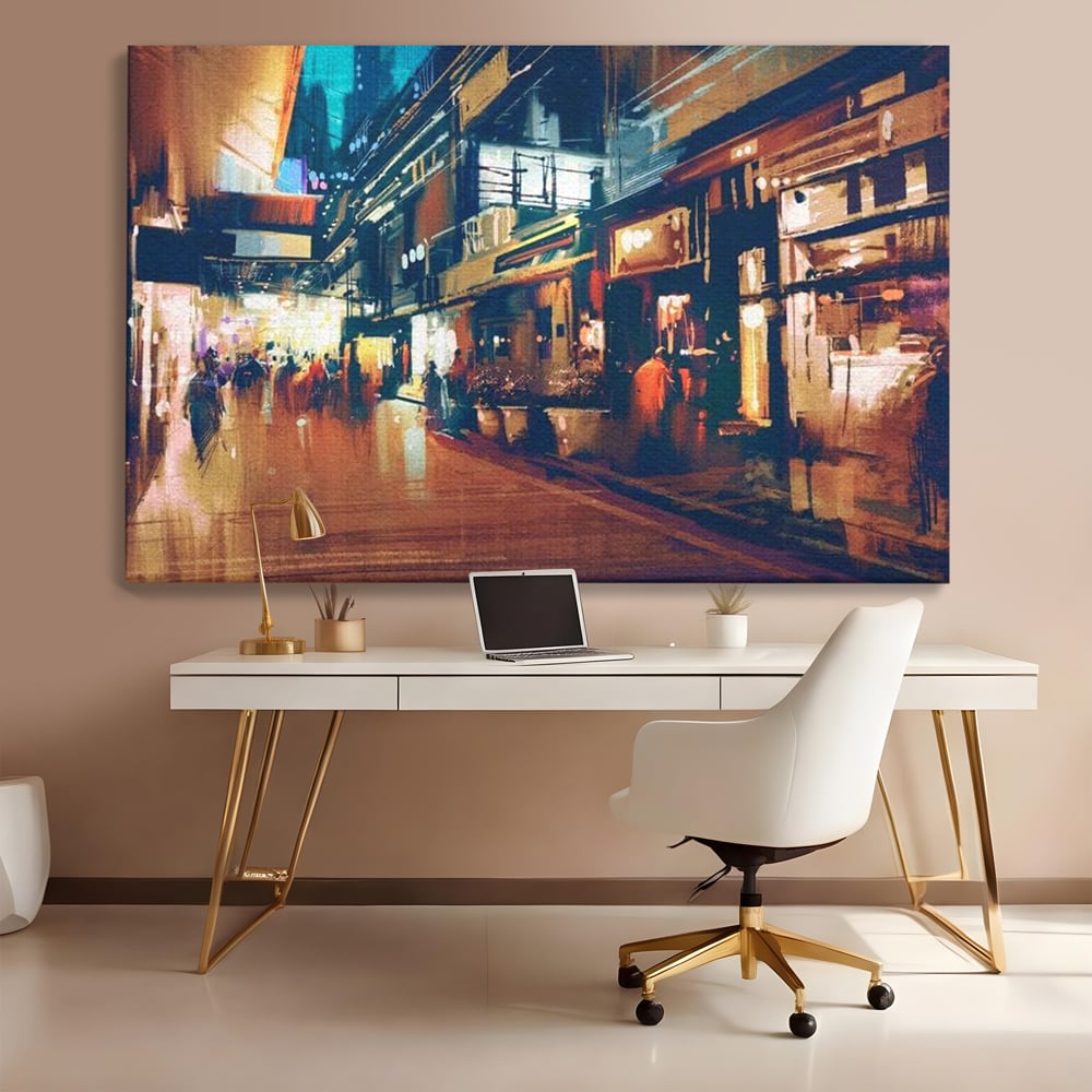 Leinwandbilder Premium, LuxCanva® O1020, Alleyways of Life, Lebendig, Dynamisch, Warm, Animiert, Zeitgenössisch, Elektrisch, Malerisch, Nächtlich, Sonnenuntergang, Stadt, Boulevard, Nachbarschaft, Dämmerung, Büro, Wohnen, Schlafzimmer