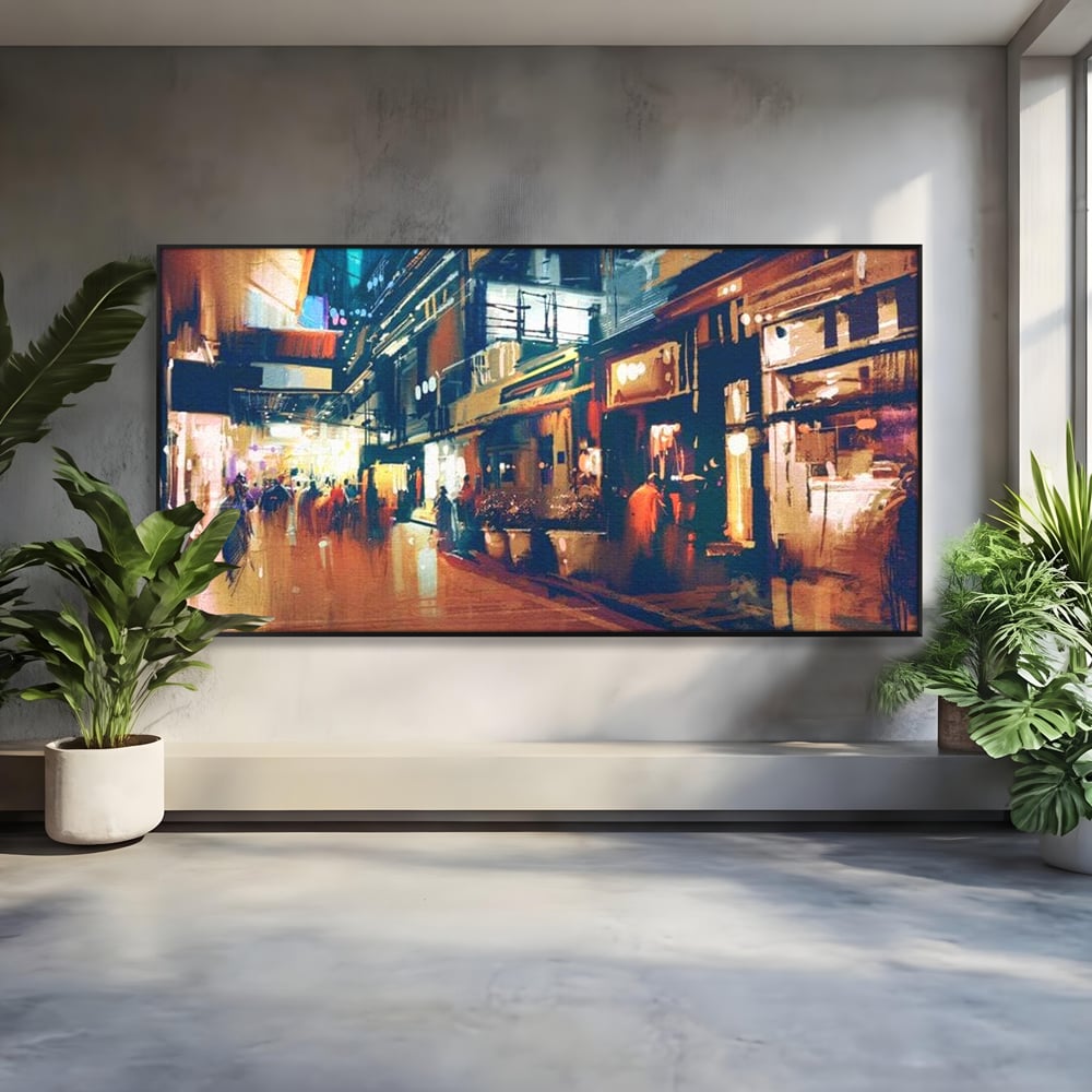 Leinwandbilder Premium, LuxCanva® O1020, Alleyways of Life, Lebendig, Dynamisch, Warm, Animiert, Zeitgenössisch, Elektrisch, Malerisch, Nächtlich, Sonnenuntergang, Stadt, Boulevard, Nachbarschaft, Dämmerung, Büro, Wohnen, Schlafzimmer