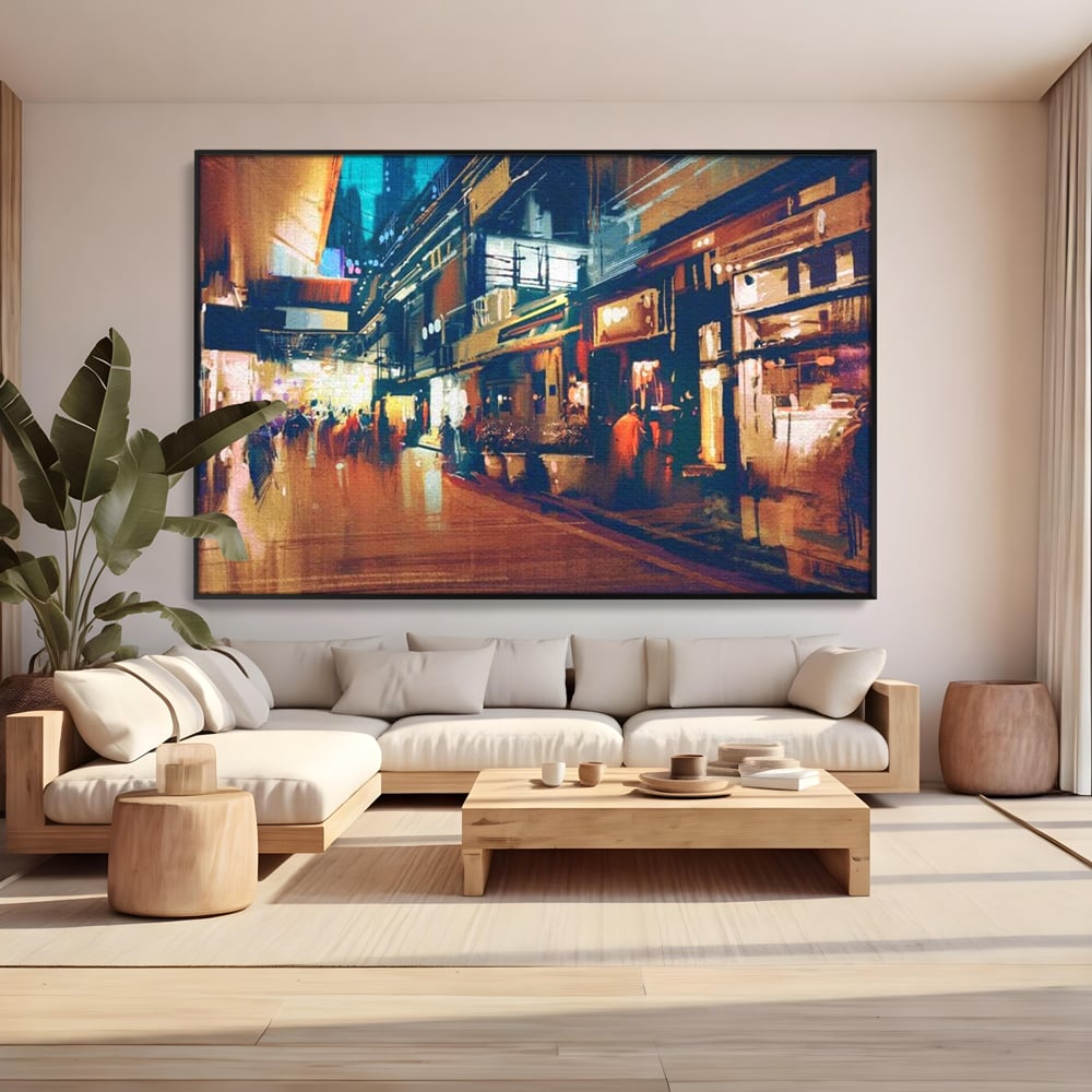 Leinwandbilder Premium, LuxCanva® O1020, Alleyways of Life, Lebendig, Dynamisch, Warm, Animiert, Zeitgenössisch, Elektrisch, Malerisch, Nächtlich, Sonnenuntergang, Stadt, Boulevard, Nachbarschaft, Dämmerung, Büro, Wohnen, Schlafzimmer