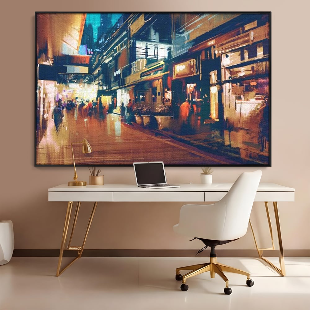 Leinwandbilder Premium, LuxCanva® O1020, Alleyways of Life, Lebendig, Dynamisch, Warm, Animiert, Zeitgenössisch, Elektrisch, Malerisch, Nächtlich, Sonnenuntergang, Stadt, Boulevard, Nachbarschaft, Dämmerung, Büro, Wohnen, Schlafzimmer