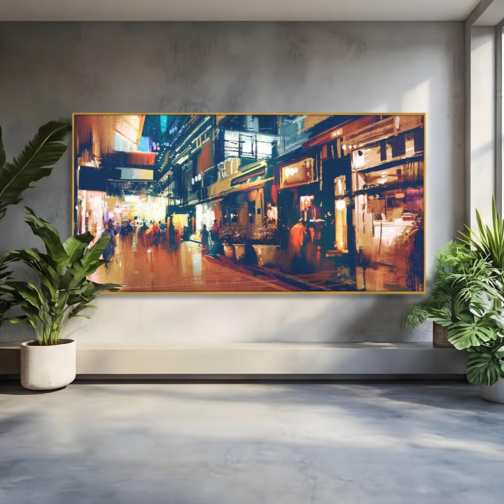 Leinwandbilder Premium, LuxCanva® O1020, Alleyways of Life, Lebendig, Dynamisch, Warm, Animiert, Zeitgenössisch, Elektrisch, Malerisch, Nächtlich, Sonnenuntergang, Stadt, Boulevard, Nachbarschaft, Dämmerung, Büro, Wohnen, Schlafzimmer