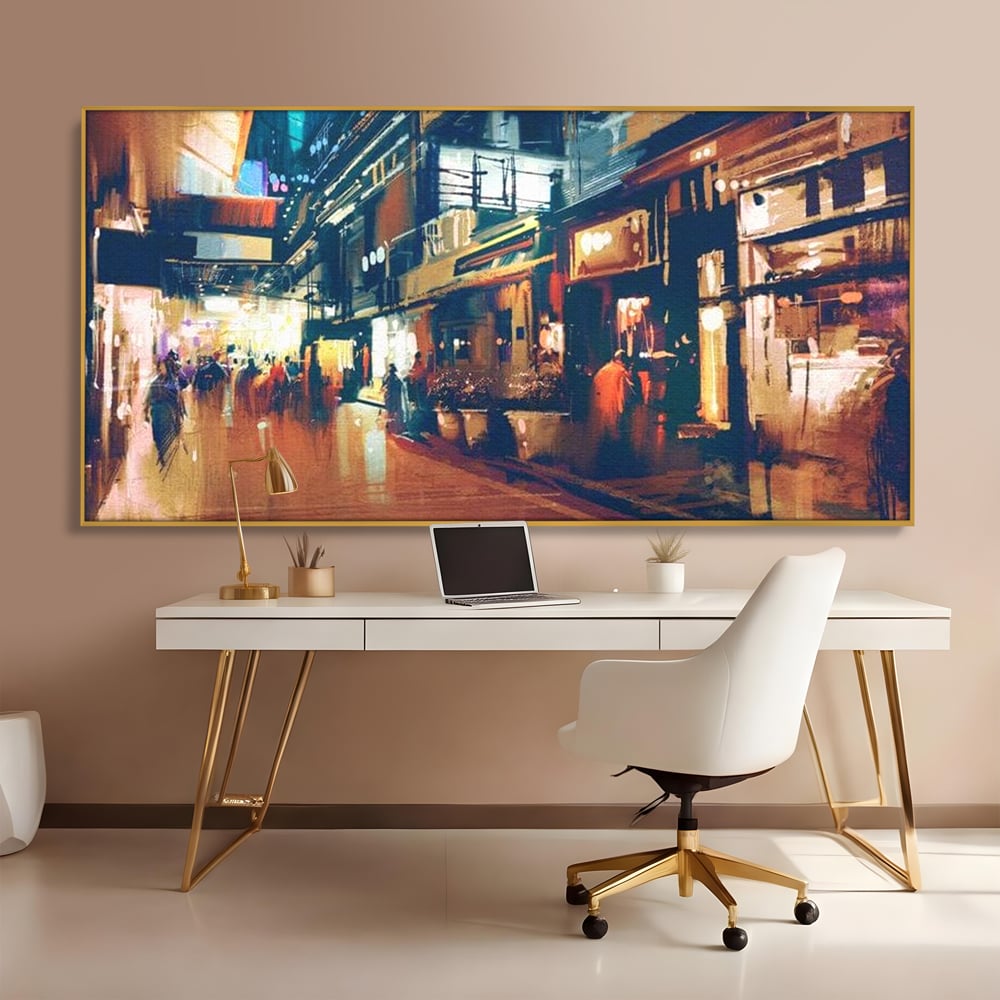 Leinwandbilder Premium, LuxCanva® O1020, Alleyways of Life, Lebendig, Dynamisch, Warm, Animiert, Zeitgenössisch, Elektrisch, Malerisch, Nächtlich, Sonnenuntergang, Stadt, Boulevard, Nachbarschaft, Dämmerung, Büro, Wohnen, Schlafzimmer