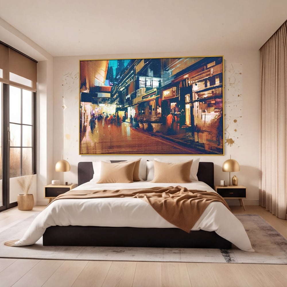 Leinwandbilder Premium, LuxCanva® O1020, Alleyways of Life, Lebendig, Dynamisch, Warm, Animiert, Zeitgenössisch, Elektrisch, Malerisch, Nächtlich, Sonnenuntergang, Stadt, Boulevard, Nachbarschaft, Dämmerung, Büro, Wohnen, Schlafzimmer