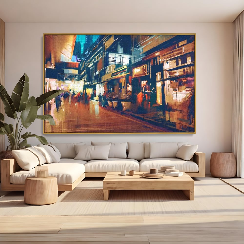 Leinwandbilder Premium, LuxCanva® O1020, Alleyways of Life, Lebendig, Dynamisch, Warm, Animiert, Zeitgenössisch, Elektrisch, Malerisch, Nächtlich, Sonnenuntergang, Stadt, Boulevard, Nachbarschaft, Dämmerung, Büro, Wohnen, Schlafzimmer