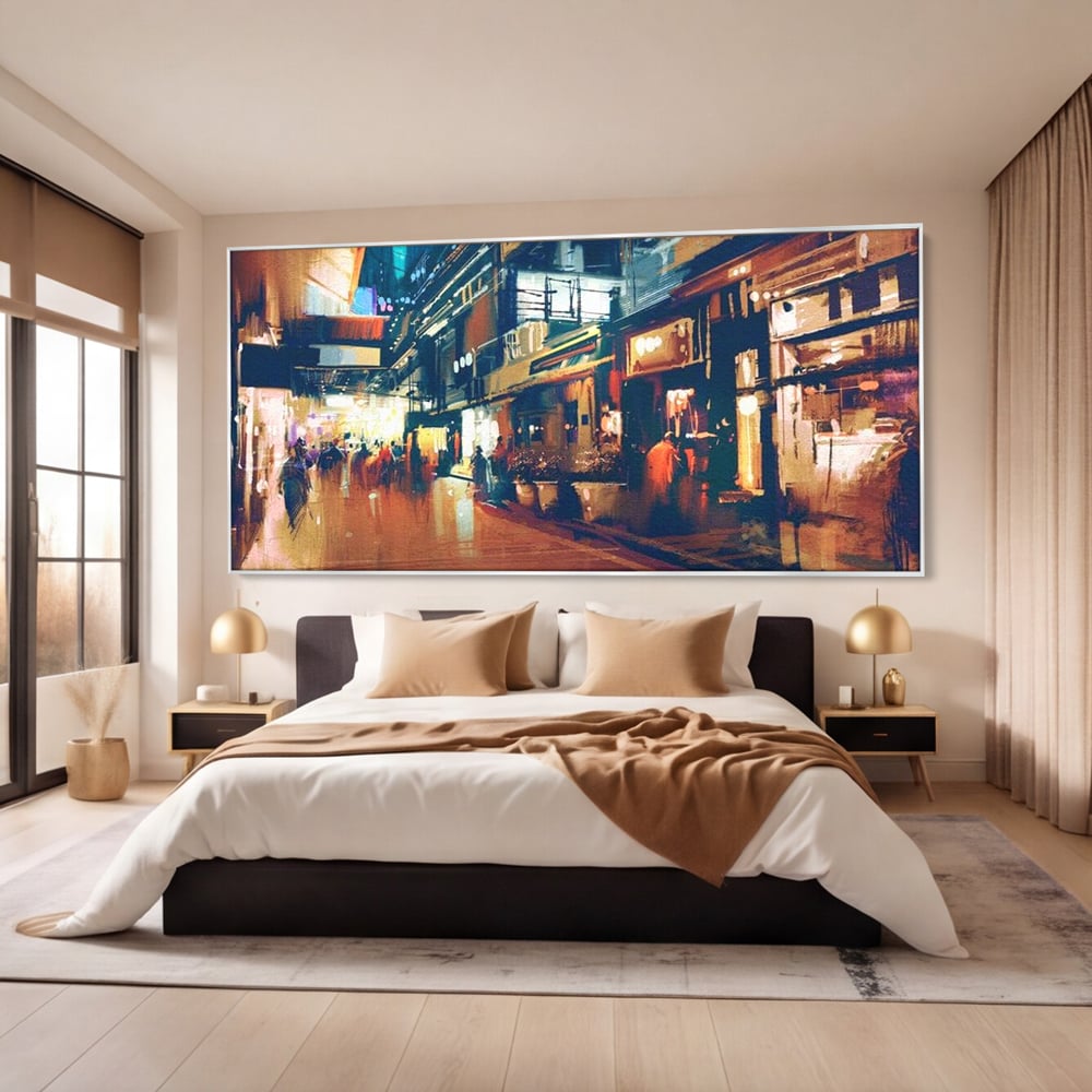 Leinwandbilder Premium, LuxCanva® O1020, Alleyways of Life, Lebendig, Dynamisch, Warm, Animiert, Zeitgenössisch, Elektrisch, Malerisch, Nächtlich, Sonnenuntergang, Stadt, Boulevard, Nachbarschaft, Dämmerung, Büro, Wohnen, Schlafzimmer