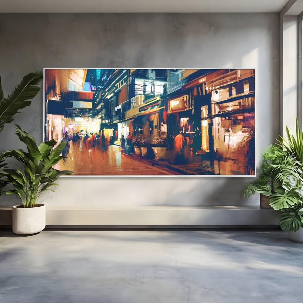 Leinwandbilder Premium, LuxCanva® O1020, Alleyways of Life, Lebendig, Dynamisch, Warm, Animiert, Zeitgenössisch, Elektrisch, Malerisch, Nächtlich, Sonnenuntergang, Stadt, Boulevard, Nachbarschaft, Dämmerung, Büro, Wohnen, Schlafzimmer