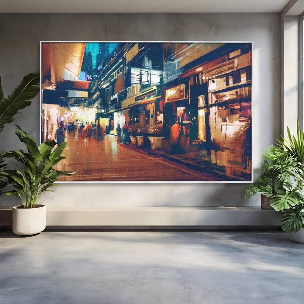Leinwandbilder Premium, LuxCanva® O1020, Alleyways of Life, Lebendig, Dynamisch, Warm, Animiert, Zeitgenössisch, Elektrisch, Malerisch, Nächtlich, Sonnenuntergang, Stadt, Boulevard, Nachbarschaft, Dämmerung, Büro, Wohnen, Schlafzimmer