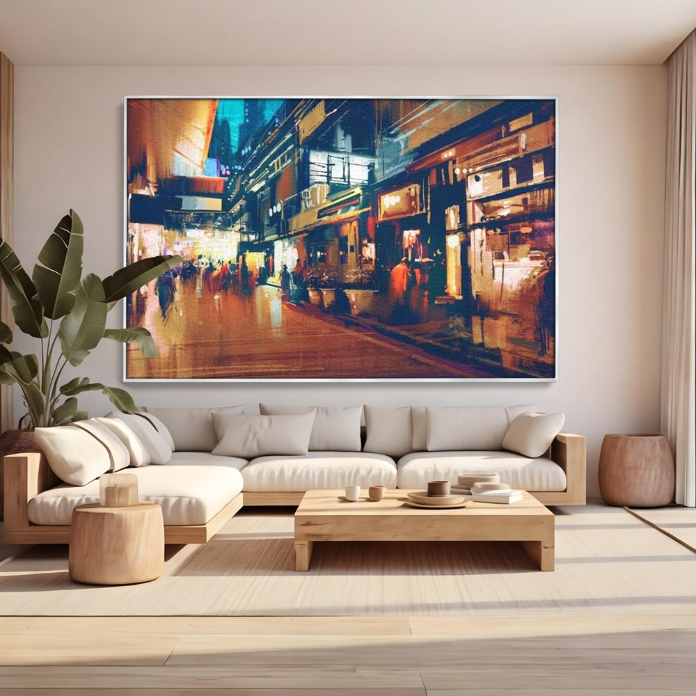 Leinwandbilder Premium, LuxCanva® O1020, Alleyways of Life, Lebendig, Dynamisch, Warm, Animiert, Zeitgenössisch, Elektrisch, Malerisch, Nächtlich, Sonnenuntergang, Stadt, Boulevard, Nachbarschaft, Dämmerung, Büro, Wohnen, Schlafzimmer