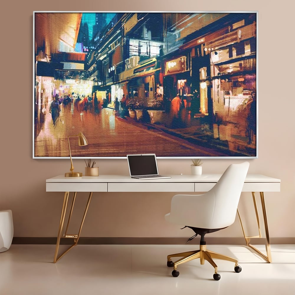 Leinwandbilder Premium, LuxCanva® O1020, Alleyways of Life, Lebendig, Dynamisch, Warm, Animiert, Zeitgenössisch, Elektrisch, Malerisch, Nächtlich, Sonnenuntergang, Stadt, Boulevard, Nachbarschaft, Dämmerung, Büro, Wohnen, Schlafzimmer