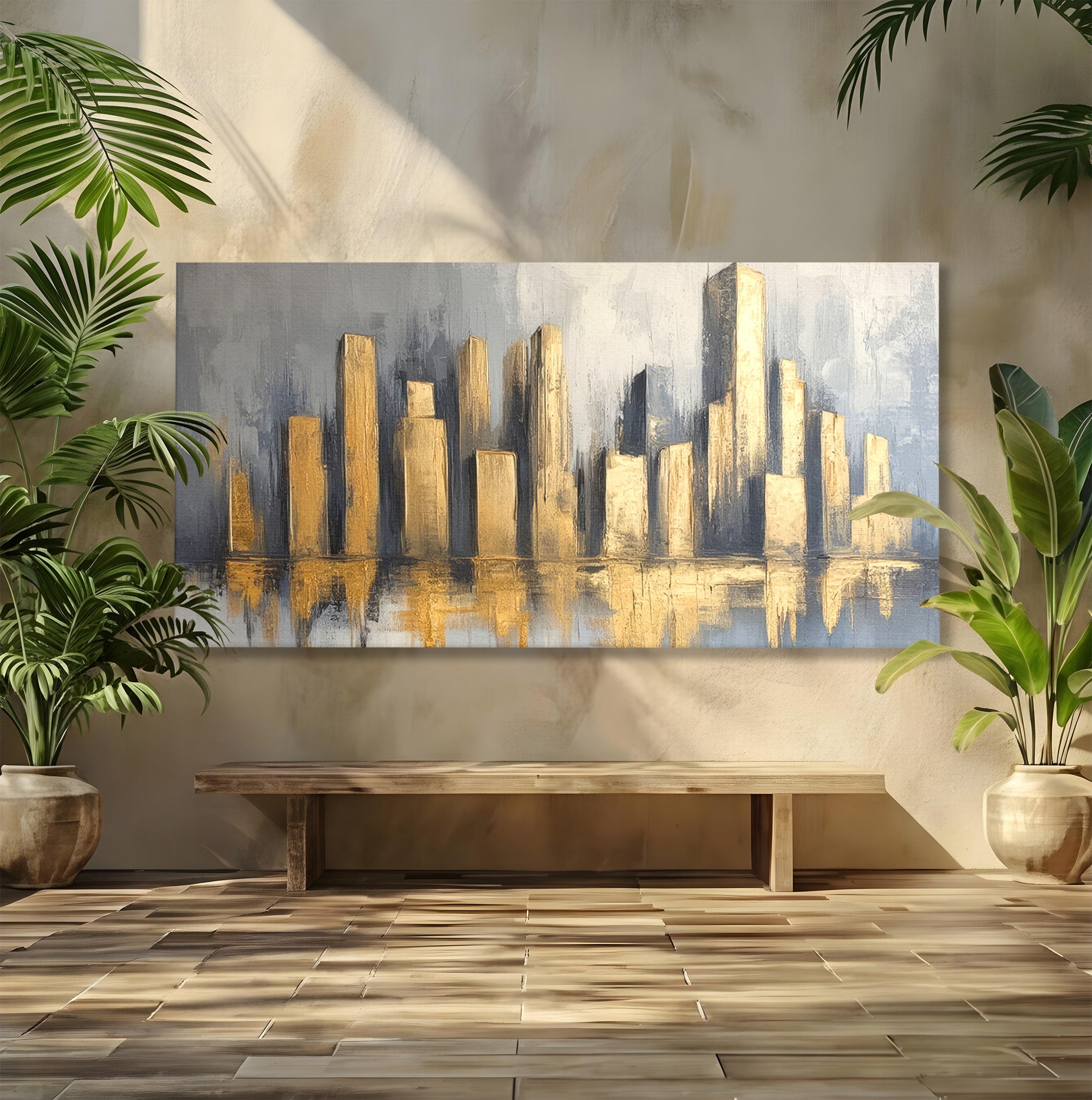 Tablou Canvas Premium LuxCanva® O1021, Orasul De Aur, Oras, Peisaj Urban, Abstract, Aur, Birou, Living, Culori Vibrante