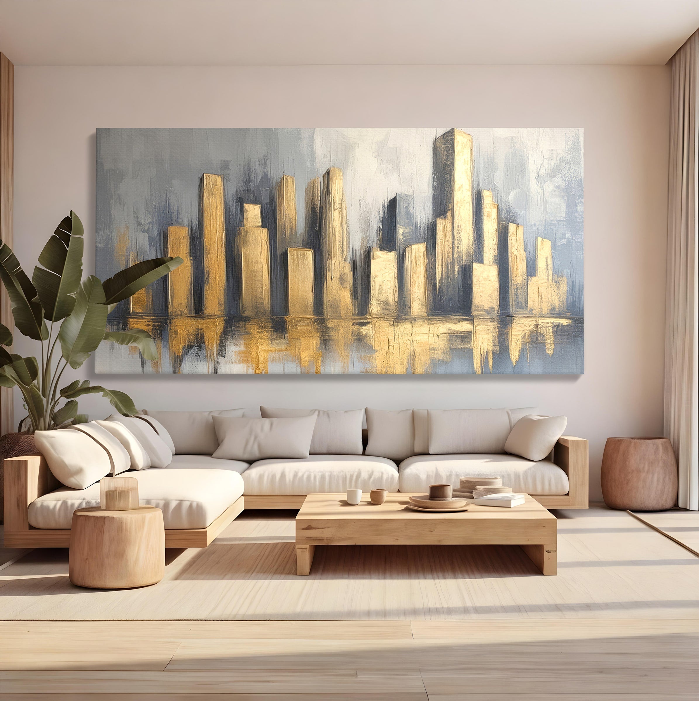 Tablou Canvas Premium LuxCanva® O1021, Orasul De Aur, Oras, Peisaj Urban, Abstract, Aur, Birou, Living, Culori Vibrante