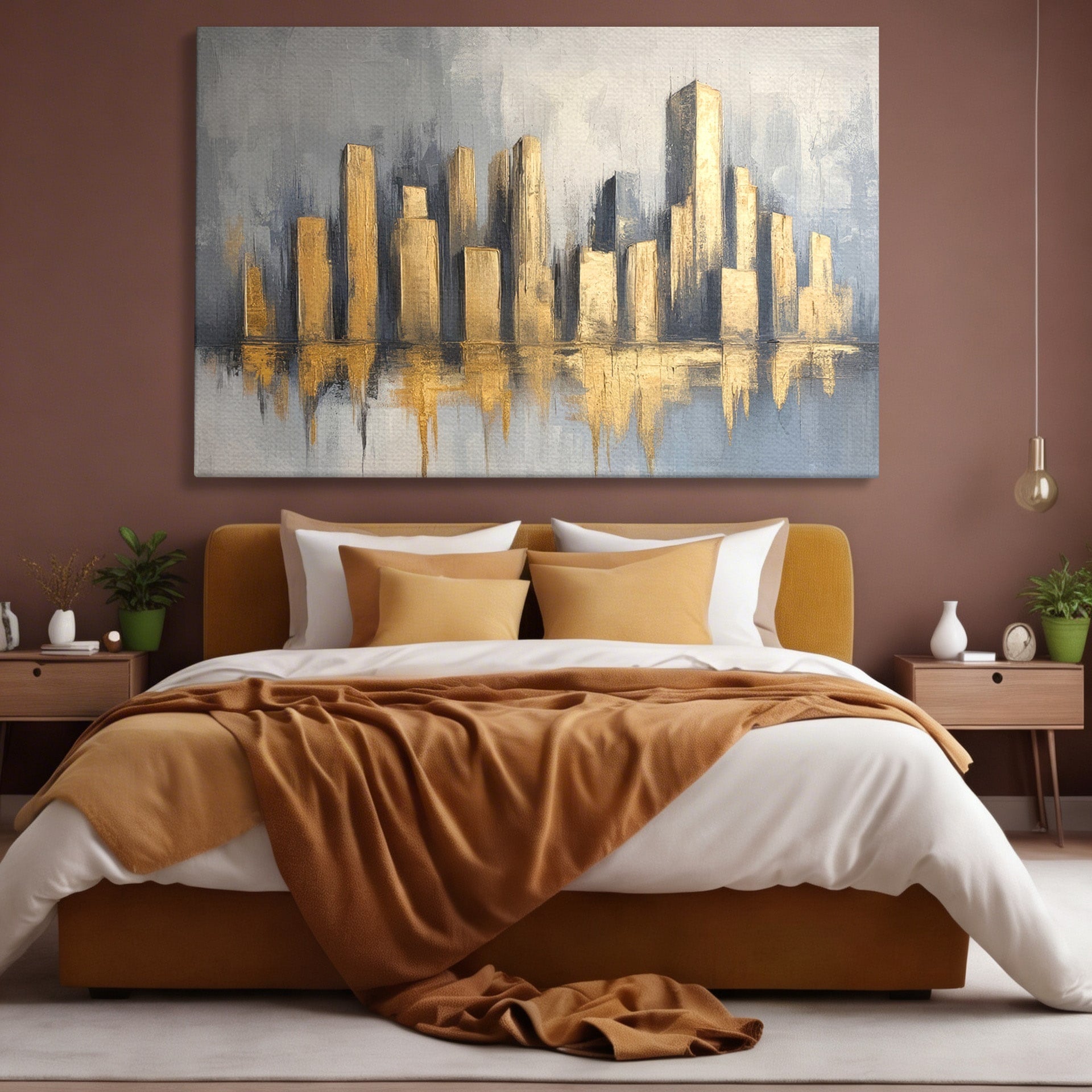 Tablou Canvas Premium LuxCanva® O1021, Orasul De Aur, Oras, Peisaj Urban, Abstract, Aur, Birou, Living, Culori Vibrante