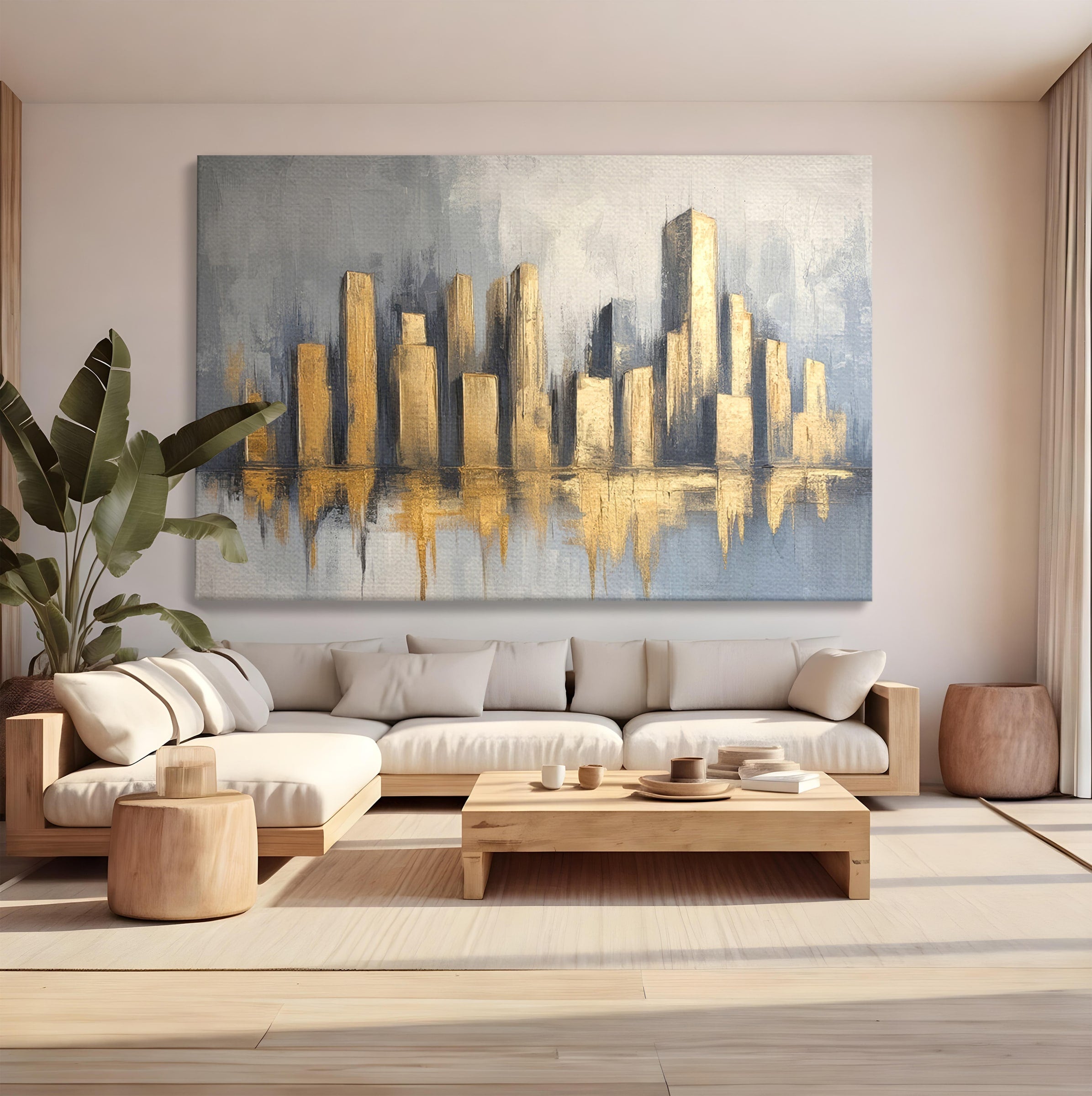 Tablou Canvas Premium LuxCanva® O1021, Orasul De Aur, Oras, Peisaj Urban, Abstract, Aur, Birou, Living, Culori Vibrante