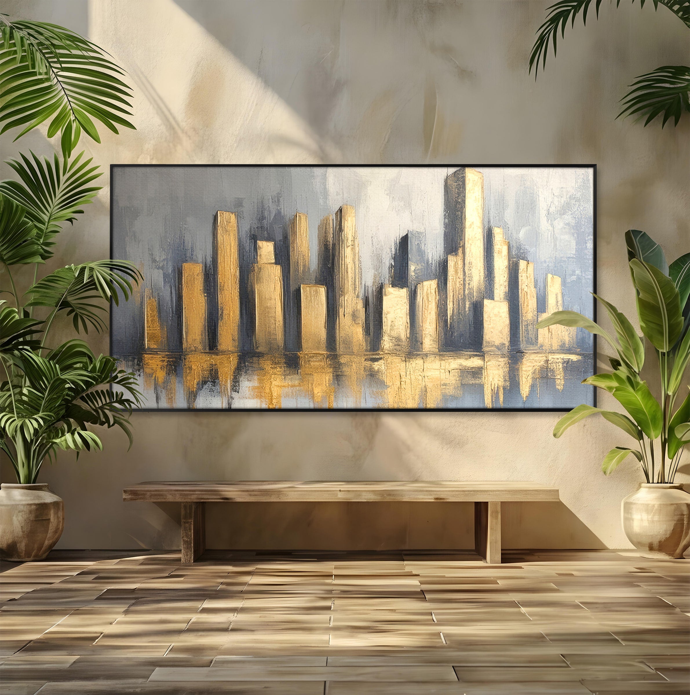Tablou Canvas Premium LuxCanva® O1021, Orasul De Aur, Oras, Peisaj Urban, Abstract, Aur, Birou, Living, Culori Vibrante