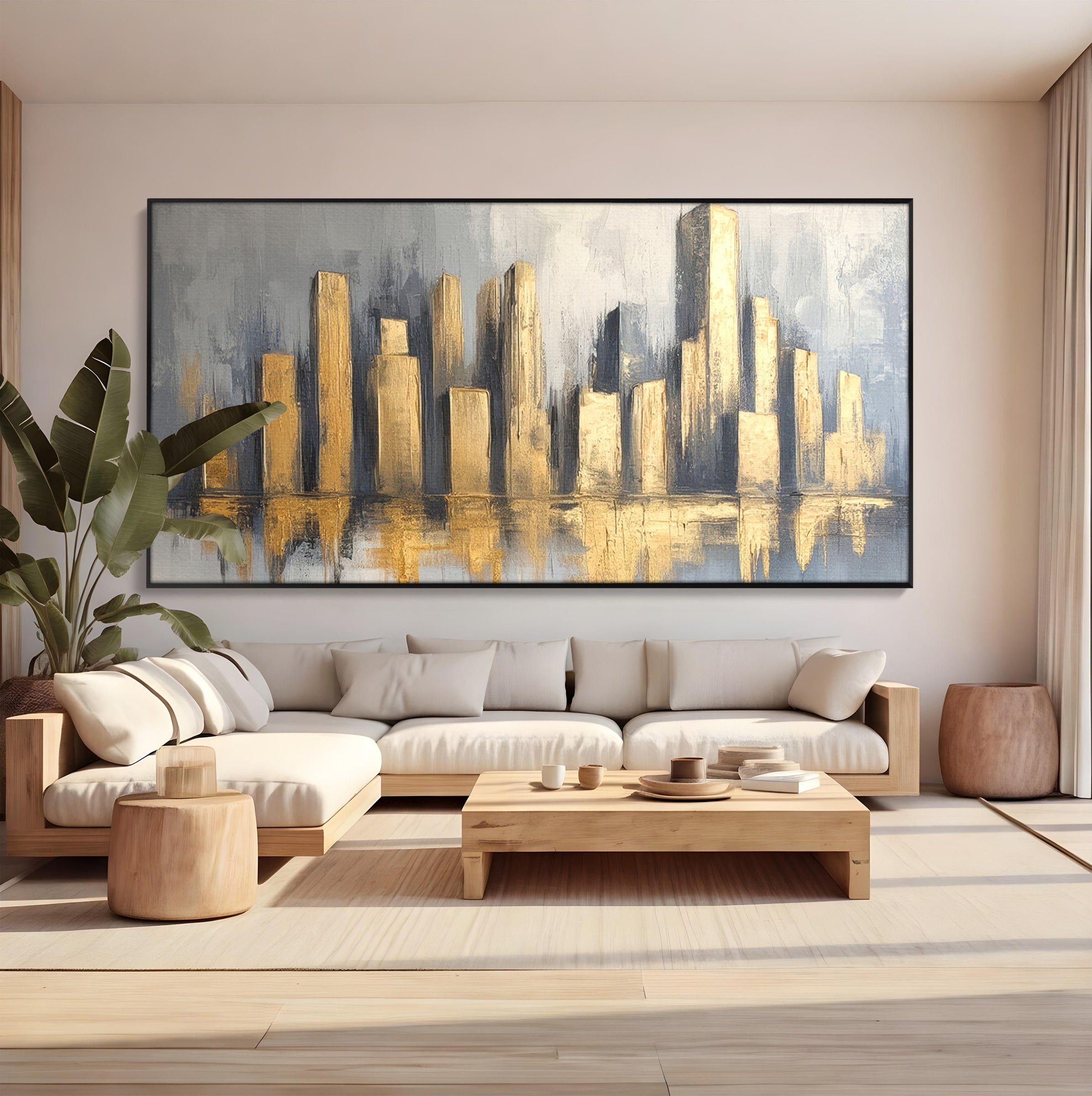 Tablou Canvas Premium LuxCanva® O1021, Orasul De Aur, Oras, Peisaj Urban, Abstract, Aur, Birou, Living, Culori Vibrante