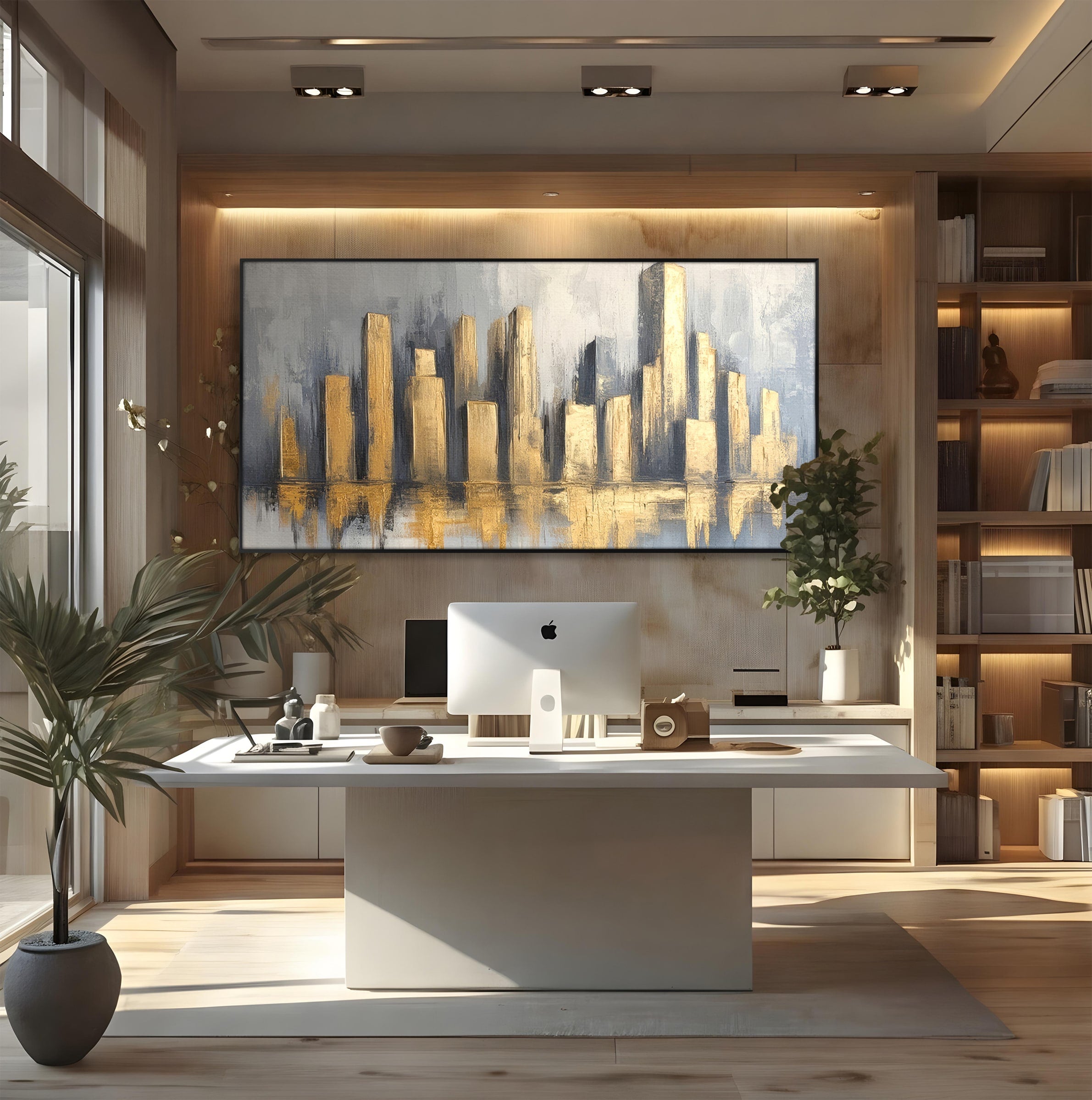 Tablou Canvas Premium LuxCanva® O1021, Orasul De Aur, Oras, Peisaj Urban, Abstract, Aur, Birou, Living, Culori Vibrante