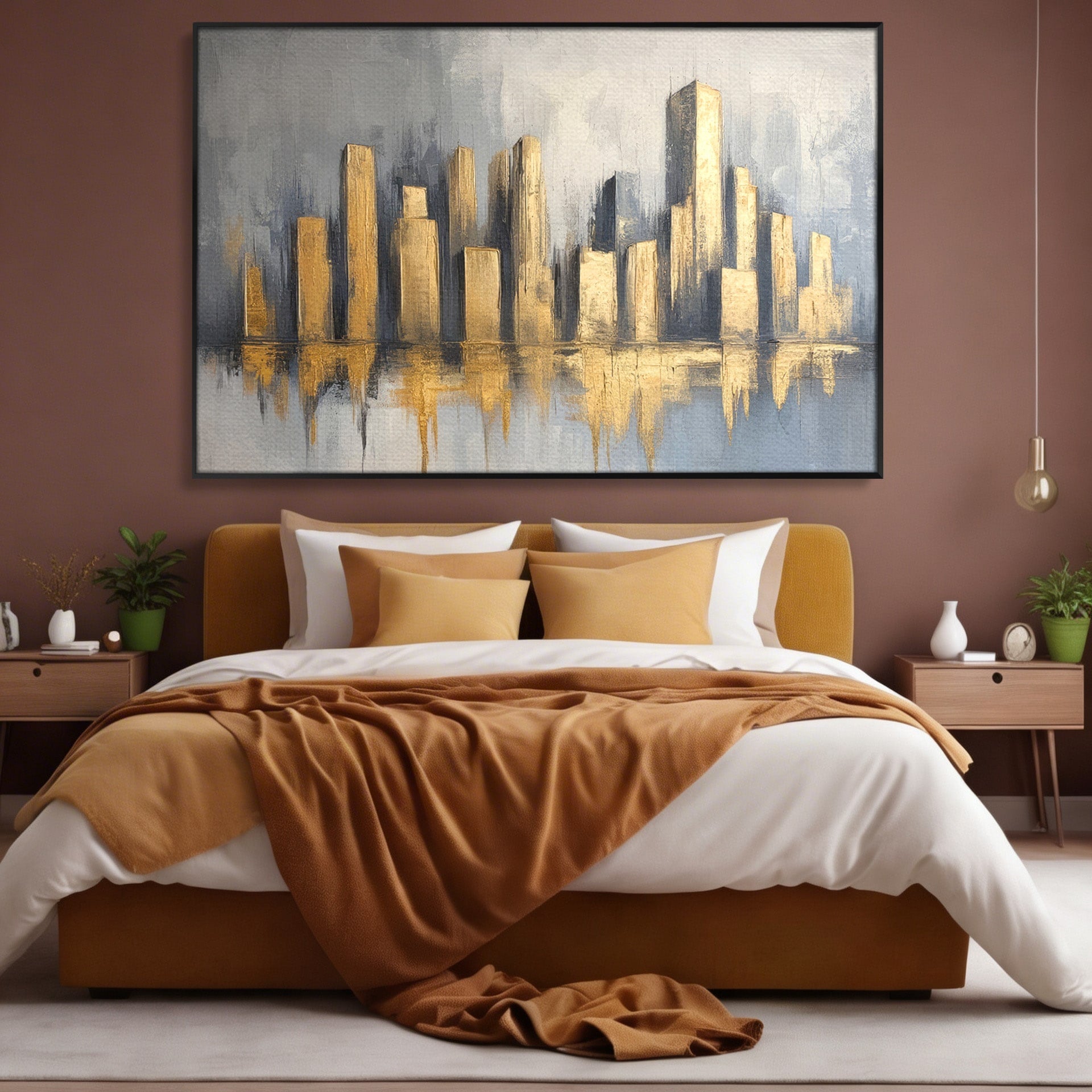 Tablou Canvas Premium LuxCanva® O1021, Orasul De Aur, Oras, Peisaj Urban, Abstract, Aur, Birou, Living, Culori Vibrante