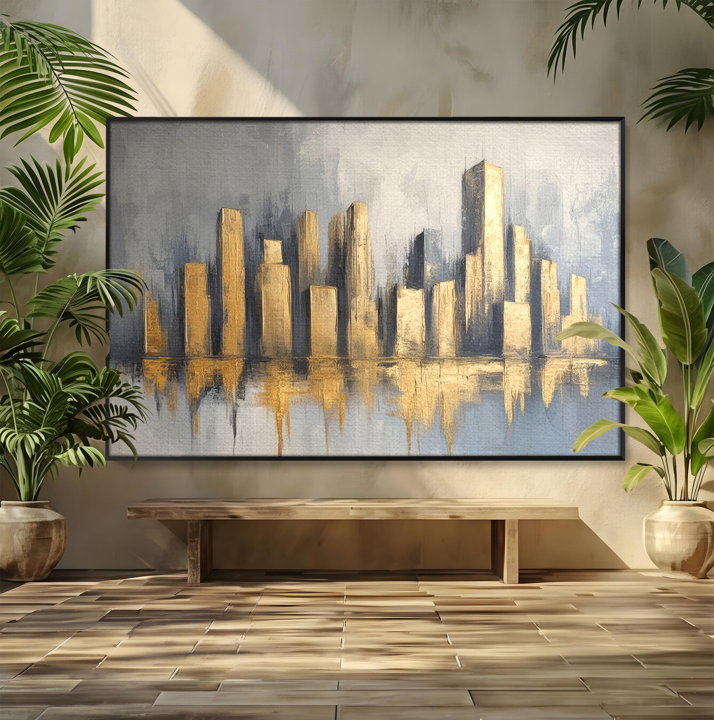 Tablou Canvas Premium LuxCanva® O1021, Orasul De Aur, Oras, Peisaj Urban, Abstract, Aur, Birou, Living, Culori Vibrante