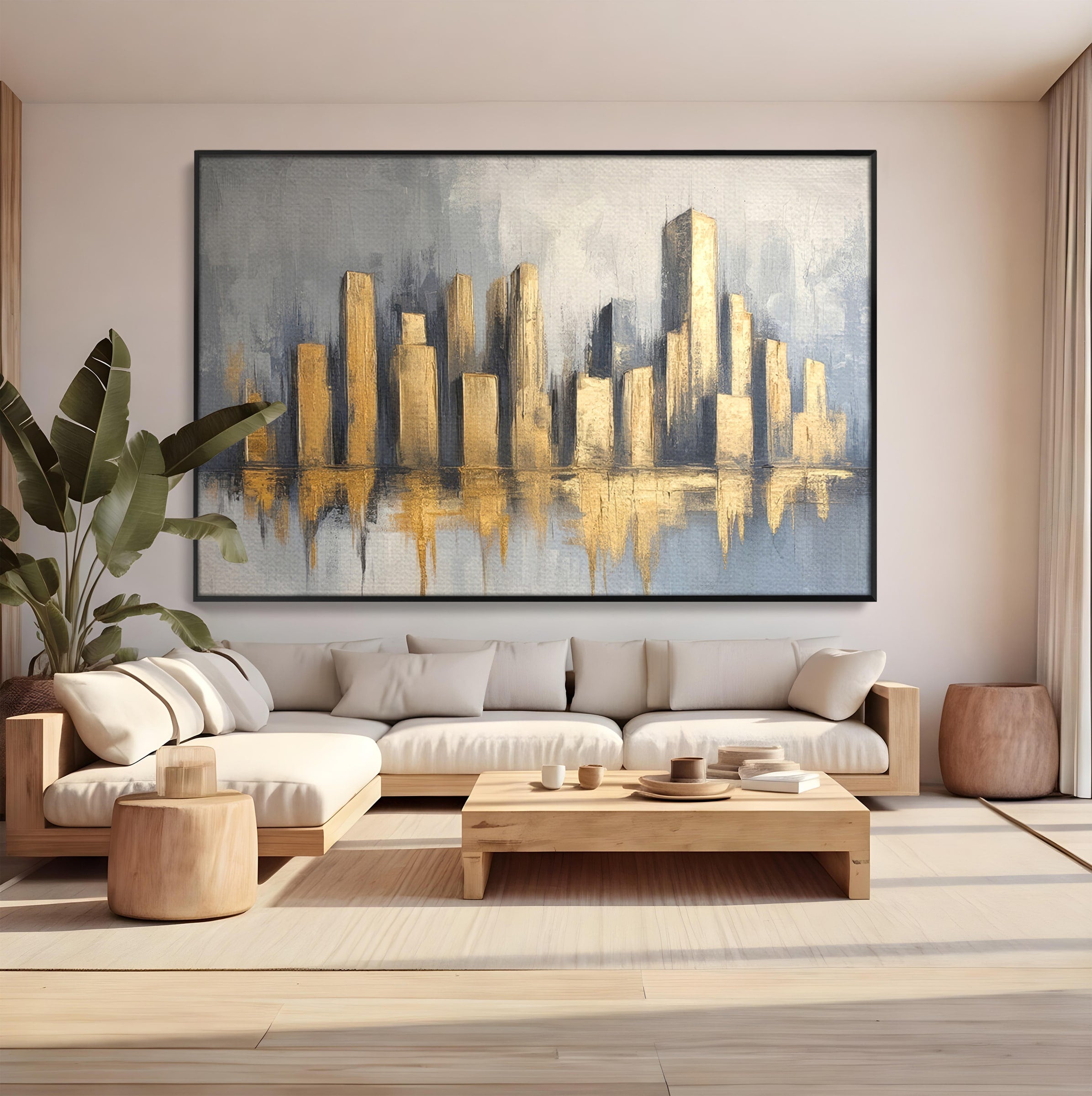 Tablou Canvas Premium LuxCanva® O1021, Orasul De Aur, Oras, Peisaj Urban, Abstract, Aur, Birou, Living, Culori Vibrante